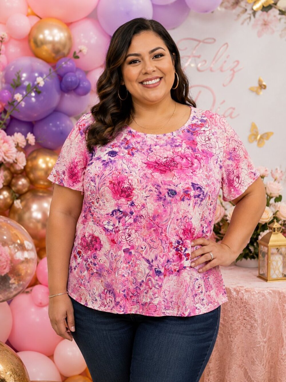 ink Floral Time and Tru Short Sleeve Top - XL